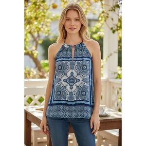 Mango MNG Casual Women's XS Blue Paisley Bandana Print Halter Top Braided Straps